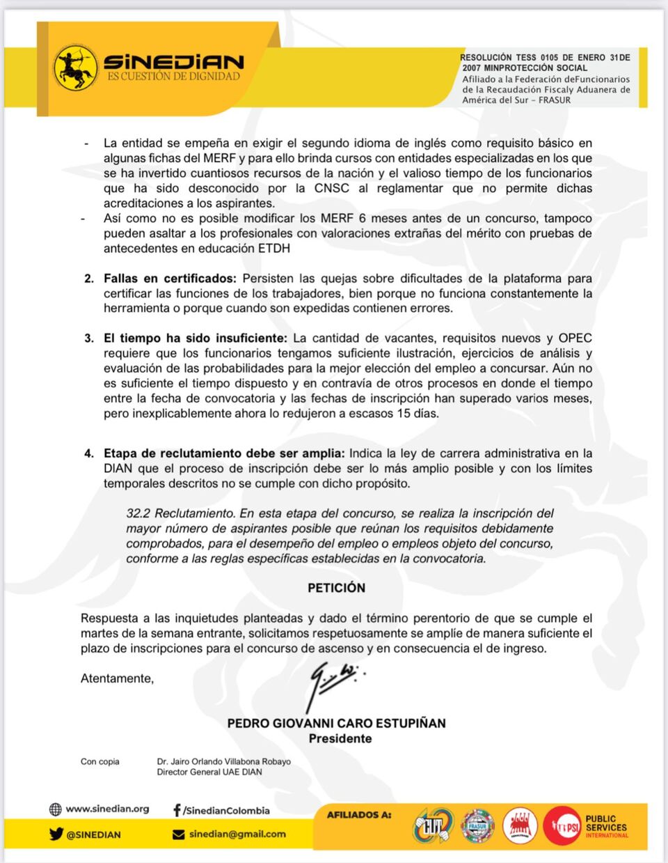 Solicitud de aplazamiento en las fechas de inscripción a CONCURSO DIAN 2024