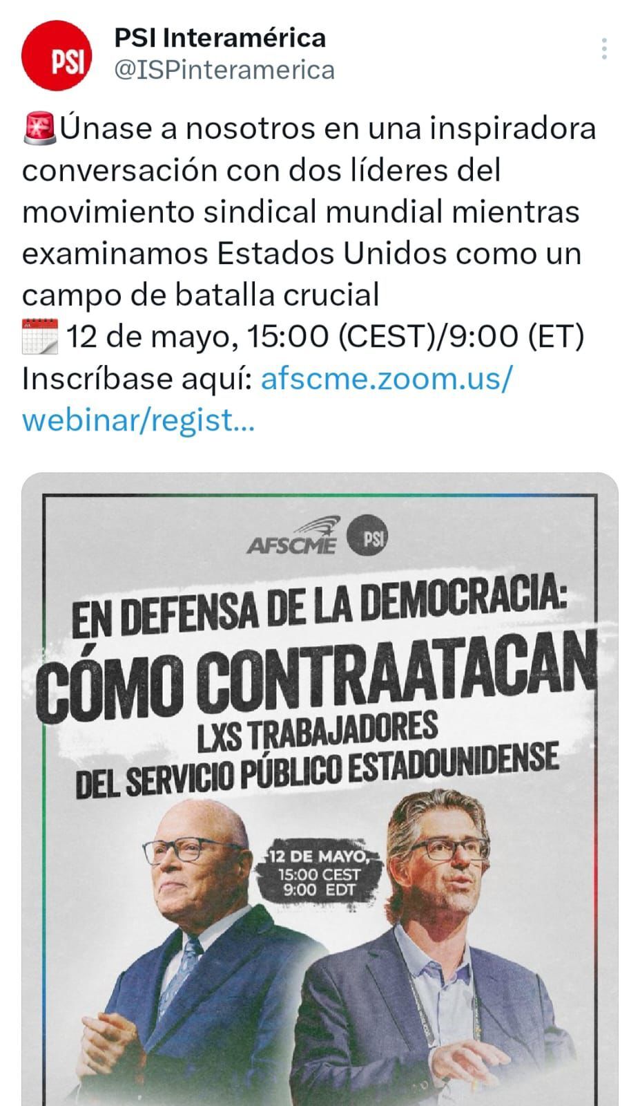 Únase a nosotros en una inspiradora conversación con dos líderes del movimiento sindical mundial mientras examinamos Estados Unidos como un campo de batalla crucial🗓 12 de mayo, 15:00 (CEST)/9:00 (ET)Inscríbase aquí: afscme.zoom.us/webinar/regist…