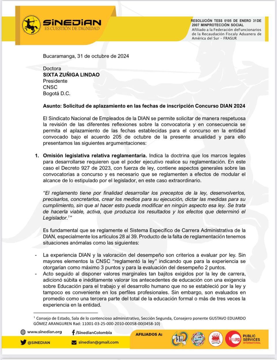 Solicitud de aplazamiento en las fechas de inscripción a CONCURSO DIAN 2024